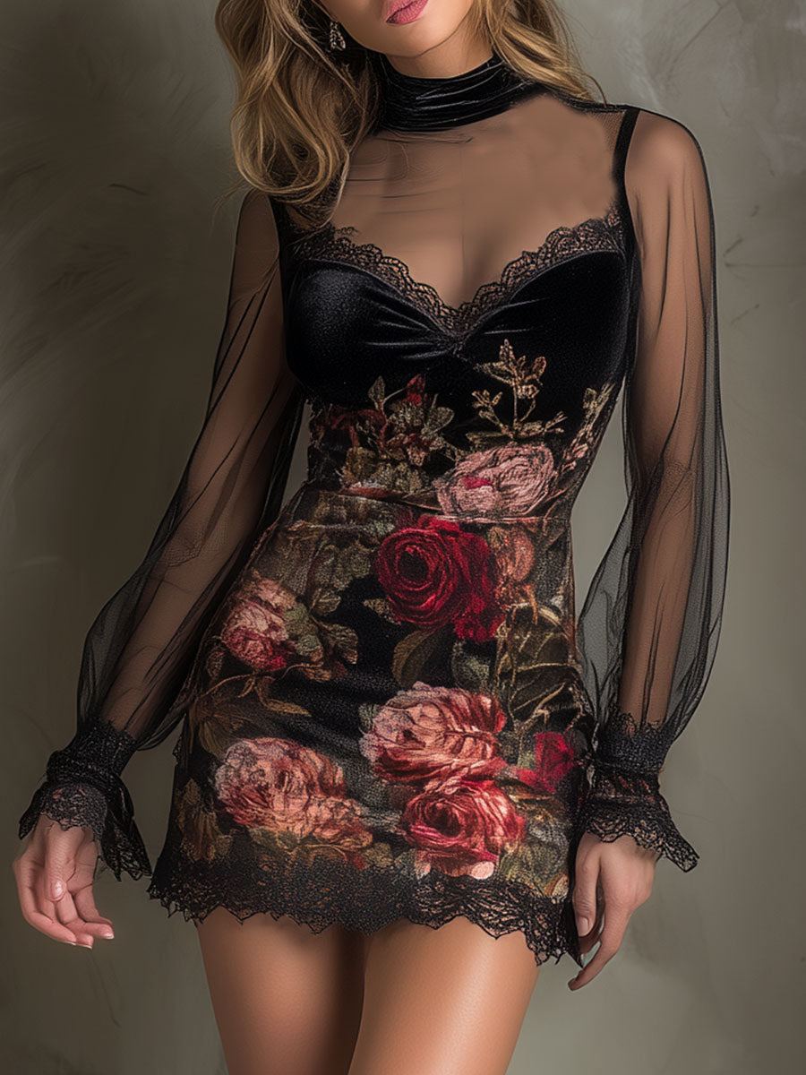 Velvet Rose Print Sheer Patchwork Mini Dress With Lace Trim