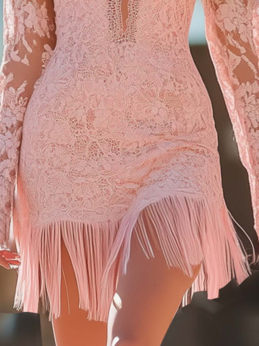 【24-hour shipping out】Fashion Western Spaghetti Strap Off-Shoulder Hem Tassel Pink Lace Mini Dress