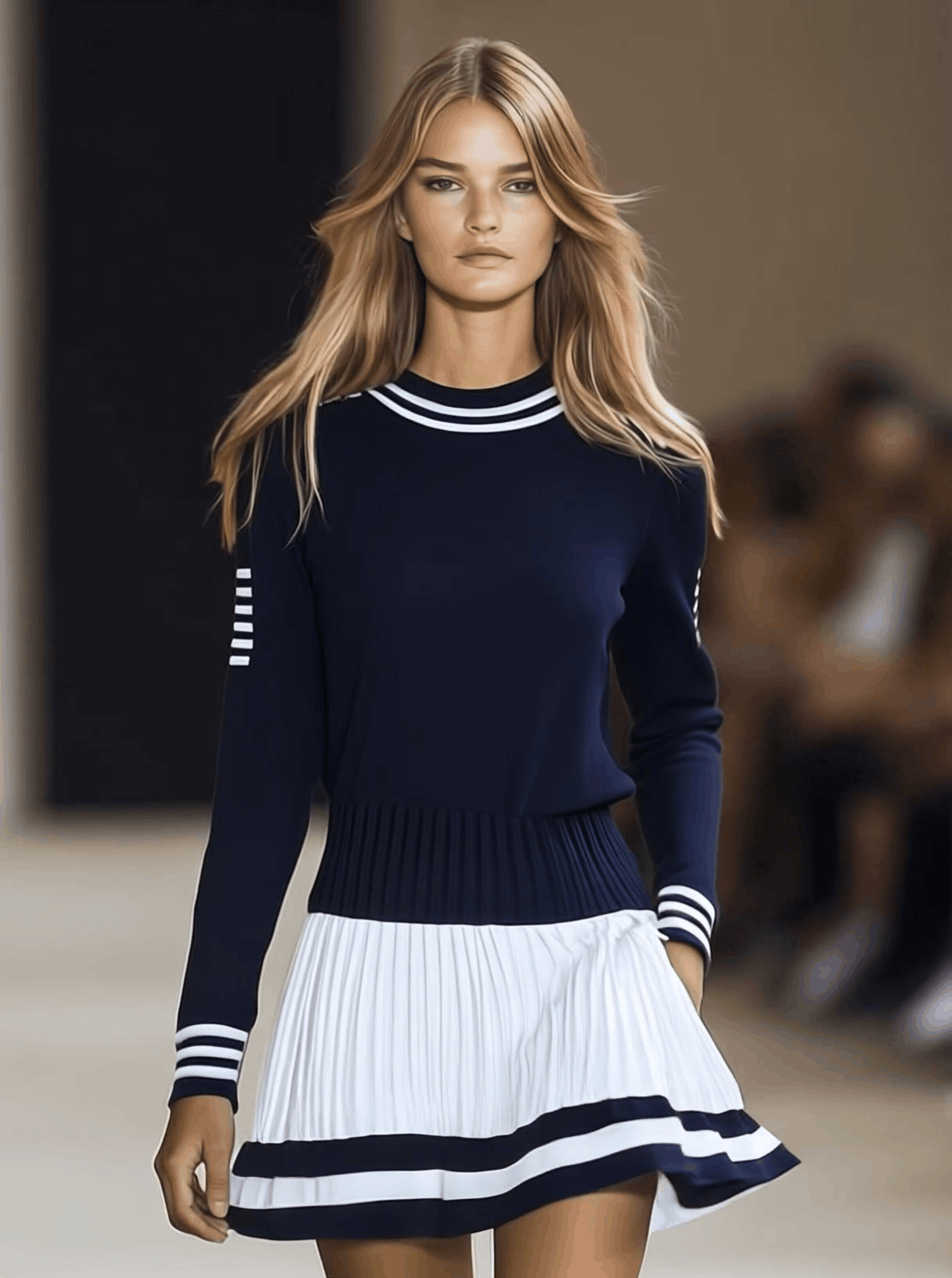 【24-hour shipping out】Fashionable Sports Style Round Neck Navy Blue and White Contrast Mini Dress