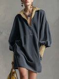 Casual Sporty Plaid Trim Gray Washed Cotton Sweatshirt Mini Dress