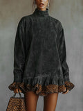 Daily Grey Leopard High Collar Long Sleeve Contrast Vintage Chamois Mini Dresses