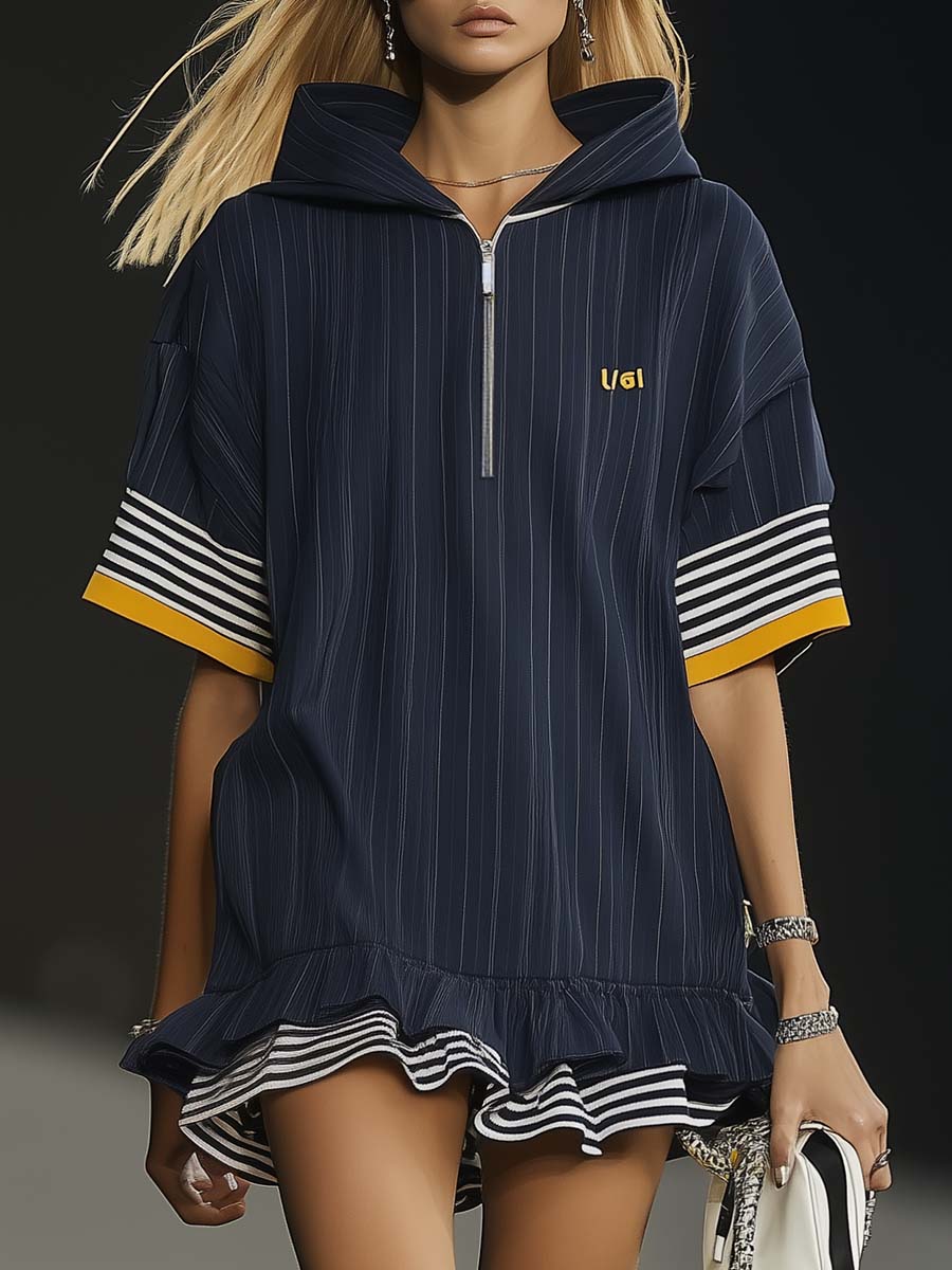 【24-hour shipping out】Casual Ultra-loose Front Zipper Short-sleeved Ruffled Hem Navy Blue Hoodie Style Mini Dress