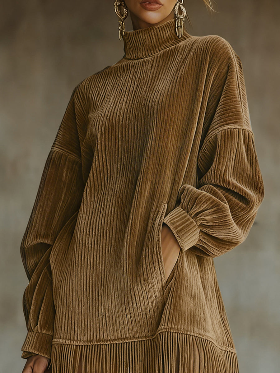 sheenchic Daily Brown High Collar Lantern Sleeve Long Sleeve Strappy Vintage Pocket Corduroy Mini Dresses