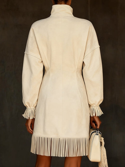 Casual White Stand Collar Long Sleeve Half-Zip Fringe Suede Mini Dress