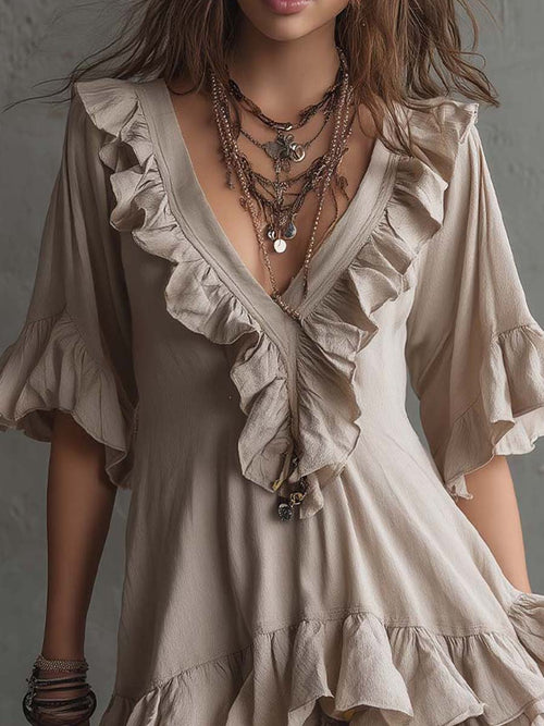 Bohemian Vintage Ruffled Cotton Mini Dress