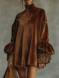 Daily Brown Leopard High Collar Long Sleeve Ruffle Vintage Contrast Velvet Mini Dresses