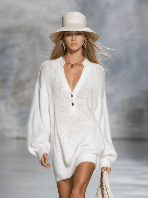 Casual Elegant V-neck Solid Color Knitted Mini Dress