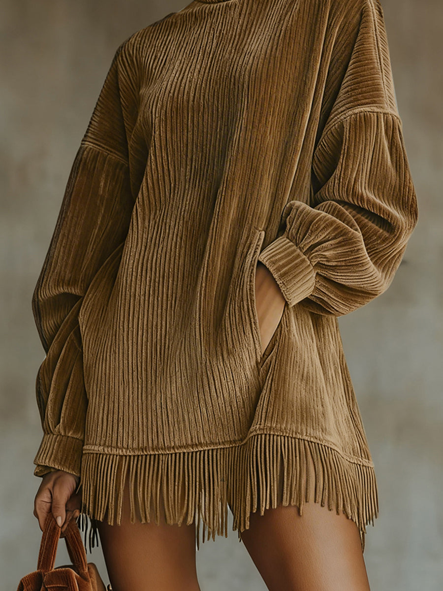 sheenchic Daily Brown High Collar Lantern Sleeve Long Sleeve Strappy Vintage Pocket Corduroy Mini Dresses