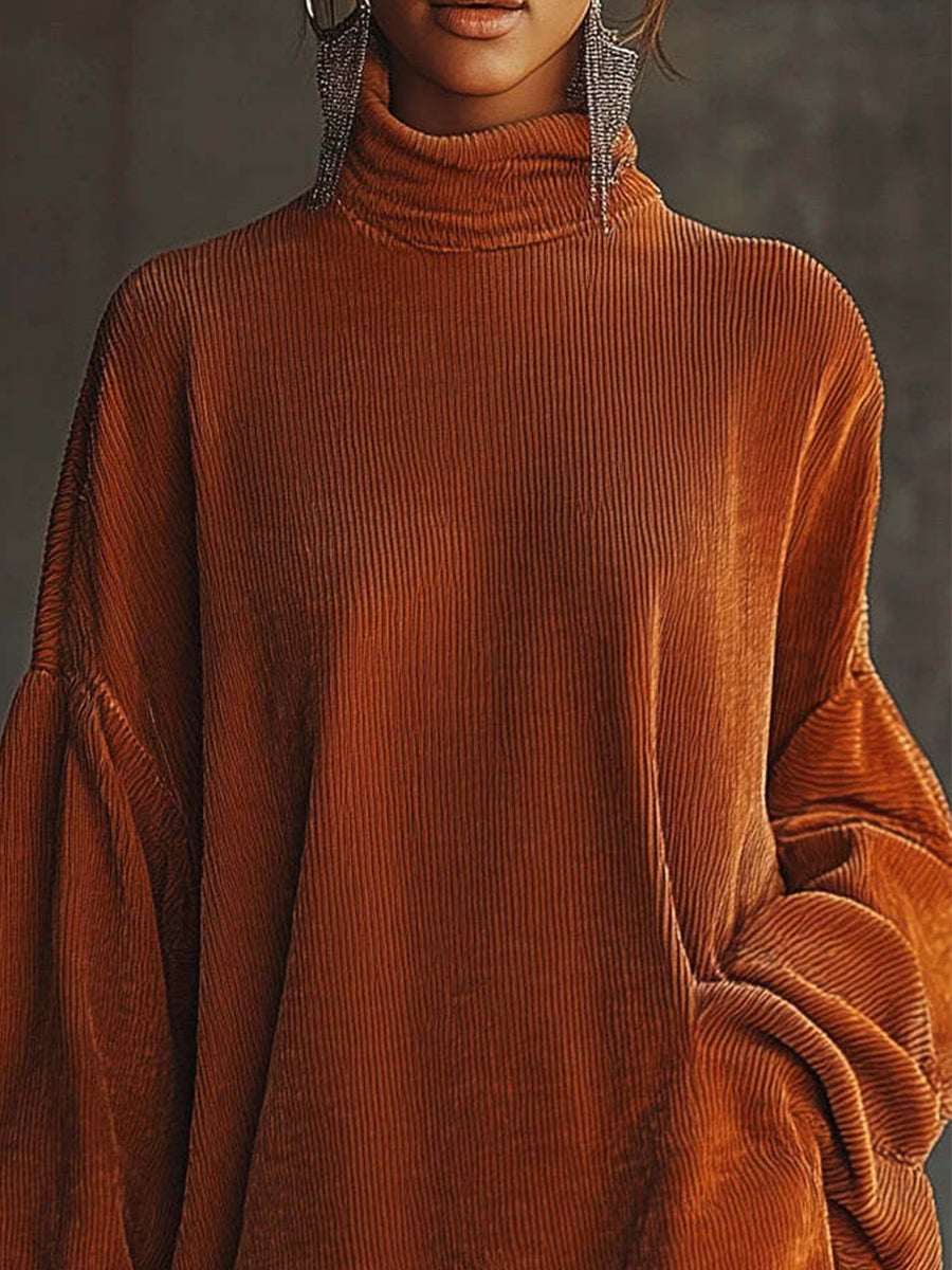Daily Orange High Collar Lantern Sleeve Long Sleeve Strappy Vintage Contrast Corduroy Mini Dresses
