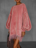 Daily Pink Round Neck Puff Sleeve Long Sleeve Strappy Casual Contrast Velvet Mini Dresses
