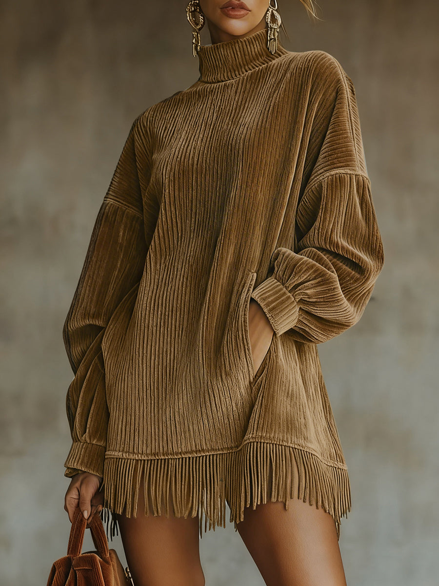 sheenchic Daily Brown High Collar Lantern Sleeve Long Sleeve Strappy Vintage Pocket Corduroy Mini Dresses