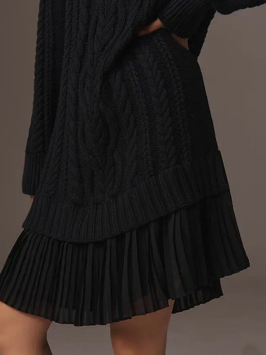Daily Chiffon Beige Round Neck Long Sleeve Contrast Casual Knitted Mini Dresses