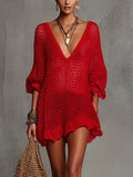sheenchic Beach Red V Neck 3/4 Sleeve Cut Out Casual Mini Dresses [Pre-Order]