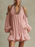 Vintage Leopard Print Pleated Pink Chiffon Openwork Long-sleeved Mini Dress