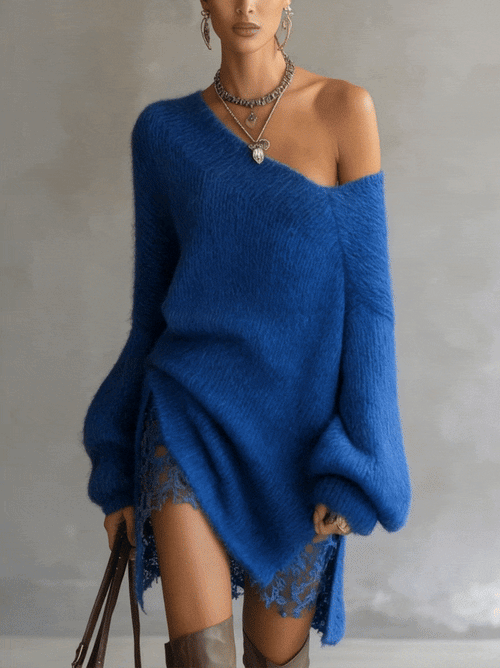 Blue Off‑Shoulder Mohair Sweater Dress With Lace Hem